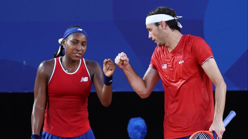 Coco Gauff and Taylor Fritz at the mixed doubles event at the 2024 Paris Olympics.