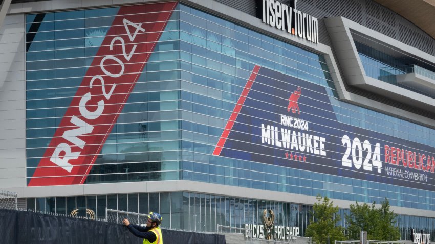 MILWAUKEE, WISCONSIN – JULY 10: Workers prepare the area around the Fiserv Forum on July 10, 2024 in Milwaukee, Wisconsin. The Republican National Convention (RNC) will be held at the Forum on July 15-18. (Photo by Scott Olson/Getty Images)