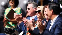 California Governor Gavin Newsom claps after the unveiling of the new artwork while attending the opening ceremony for Panda Ridge the new exhibit at the San Diego Zoo, Thursday, Aug. 8, 2024, in San Diego. (AP Photo/Derrick Tuskan)