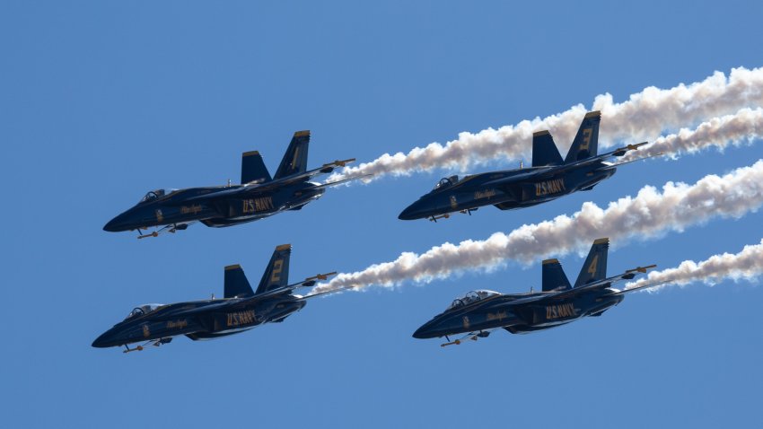 SAN DIEGO, CALIFORNIA – SEPTEMBER 23: US Navy Blue Angels demonstration team performs in the sky during 2022 MCAS Miramar Air Show on September 23, 2022 in San Diego, California. (Photo by Qian Weizhong/VCG via Getty Images)