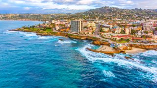 An aerial view of of La Jolla shot via helicopter from an altitude of about 300 feet over the Pacific Ocean.