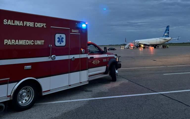 A Salina Fire Department truck arrives at Salina Airport during an emergency landing for a JetBlue flight headed towards San Diego on Sept. 21, 2024. (Seth Odell)