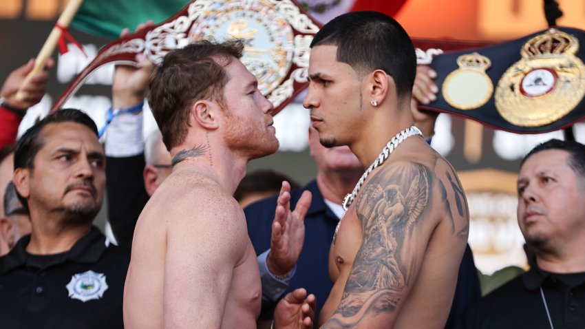 LAS VEGAS, NEVADA – SEPTEMBER 13: Boxers Saul Canelo Alvarez and Edgar Berlanga face to face during the official Weigh-in at T-Mobile Arena on September 13, 2024 in Las Vegas, Nevada. (Photo by Omar Vega/Getty Images)