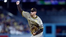 LOS ANGELES, CALIFORNIA - SEPTEMBER 26: Starting pitcher Joe Musgrove #44 of the San Diego Padres throws against the Los Angeles Dodgers during the first inning at Dodger Stadium on September 26, 2024 in Los Angeles, California. (Photo by Kevork Djansezian/Getty Images)