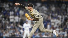 LOS ANGELES, CALIFORNIA - OCTOBER 05: Jason Adam #40 of the San Diego Padres throws a pitch  during the sixth inning against the Los Angeles Dodgers in Game One of the Division Series at Dodger Stadium on October 05, 2024 in Los Angeles, California.  (Photo by Orlando Ramirez/Getty Images)