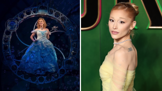 Allie Trimm (left) as Glinda in the musical "Wicked" and Ariana Grande (right).