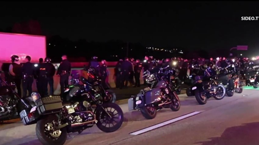 A group of motorcyclists pulled alongside I-15 in a traffic stop on Nov. 22, 2024.