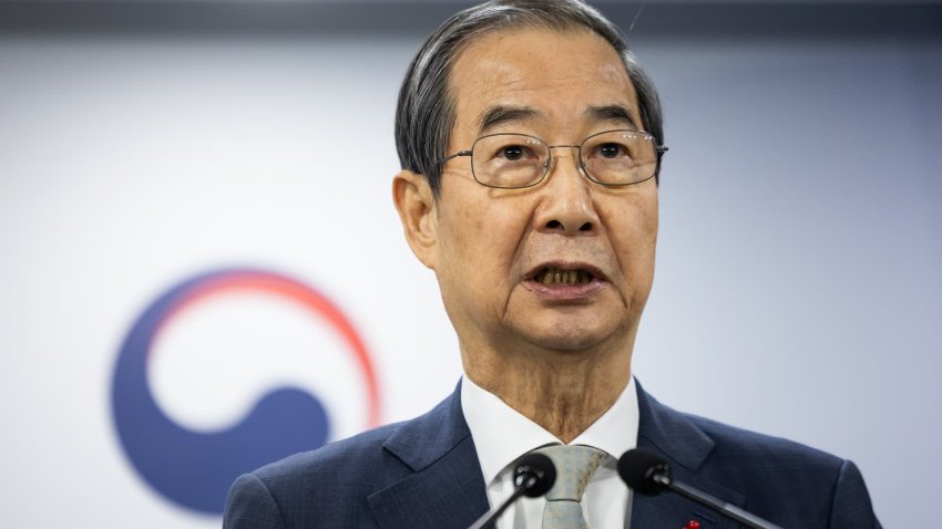 Han Duck-soo, South Korea’s prime minister and acting president, speaks during a news conference after lawmakers passed a motion to impeach South Korean President Yoon Suk Yeol in Seoul, South Korea, on Dec. 14, 2024.