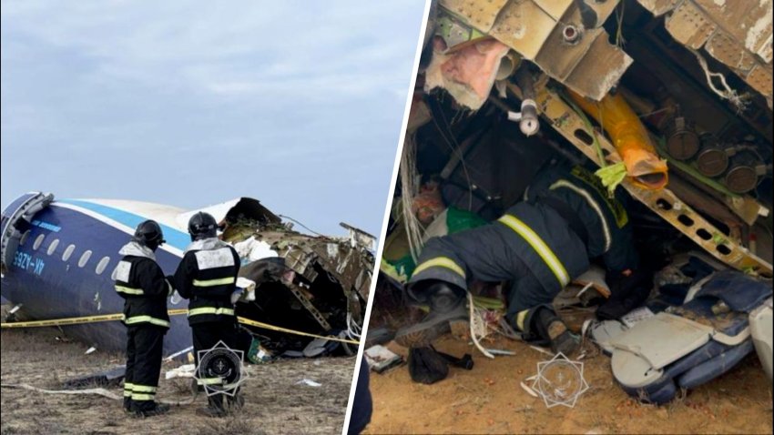 Vista del lugar del accidente, donde un vuelo de Azerbaijan Airlines con 67 personas a bordo, que viajaba desde la capital de Azerbaiyán, Bakú, a Grozni, en la región rusa de Chechenia, se estrelló cerca de la ciudad kazaja de Aktau, en el mar Caspio, el 25 de diciembre de 2024, según informó el Ministerio de Emergencias de Kazajstán, que agregó que hubo 32 sobrevivientes. (Foto de Emergency Situations of Kazakhstan/Anadolu vía Getty Images)