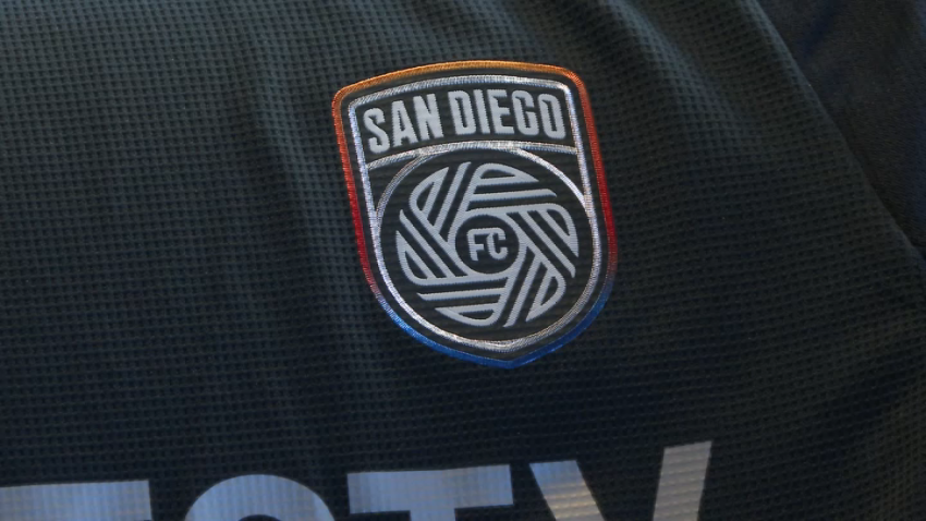 A logo for San Diego FC on a jersey.