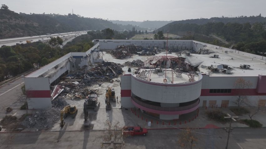 Aerial shot of building being demolished