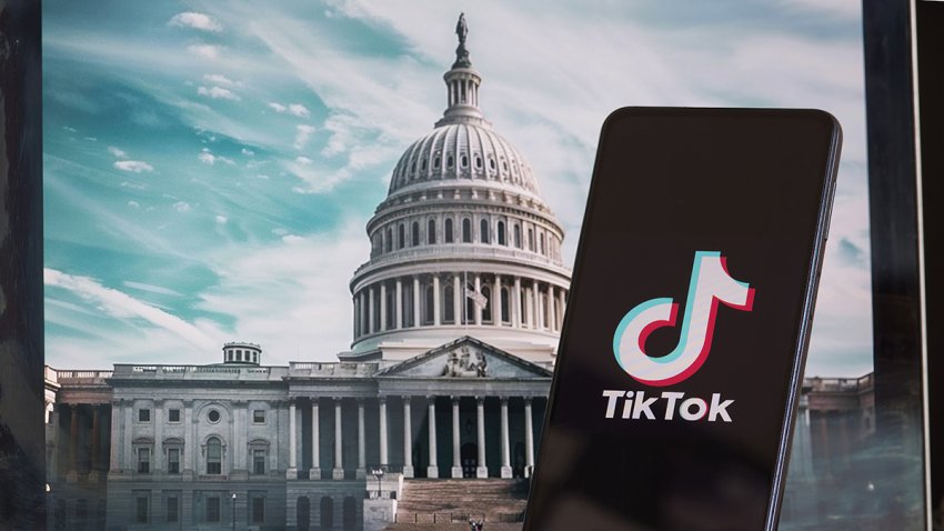 TikTok sign is sharp in the foreground, while American Congress building is blurred in the background, concept for TikTok ban in the United States,  USA, March 8, 2024