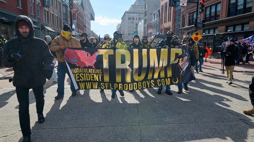 Members of the Proud Boys roam the streets of Washington D.C. during the second inauguration of Donald Trump as president, Monday, January 20, 2025. (Photo by Dominic Gwinn / Middle East Images / Middle East Images via AFP) (Photo by DOMINIC GWINN/Middle East Images/AFP via Getty Images)