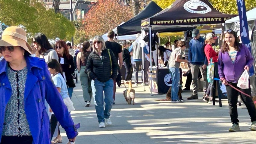 Families visit the Civita Park Farmer’s Market in Mission Valley, Saturday.