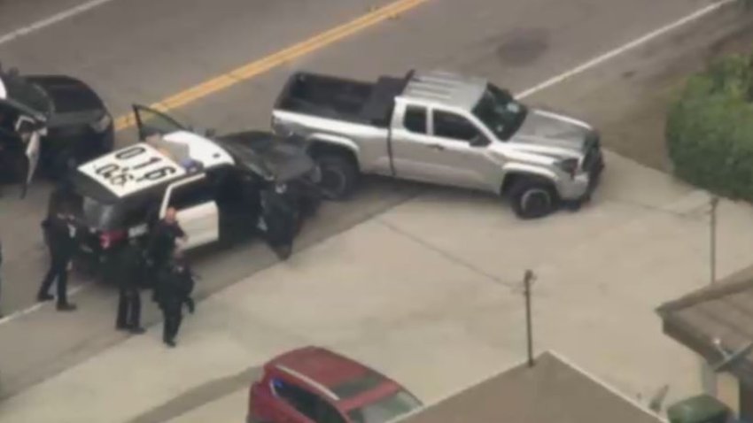 Officers in a standoff with a pickup driver after a pursuit Friday april 25, 2025 in Sherman Oaks.