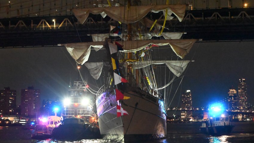 NEW YORK CITY, USA – MAY 17: A view of the Mexican navy tall ship being tended by the authorities after it crashes into the Brooklyn Bridge in Manhattan, New York, USA on May 18, 2025. The ship, which has a crew of 277, collided with the bridge’s road deck and left multiple crew members seriously injured, and two people passed away, according officials and sources. (Photo by Kyle Mazza/Anadolu via Getty Images)