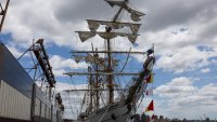 The damaged masts of the Cuauhtémoc, a Mexican Navy training ship that crashed into the Brooklyn Bridge, are seen as it sits docked at Pier 36 in lower Manhattan on May 18, 2025 in New York City. The ship, which snapped all three of its masts as it collided with the New York City landmark bridge, killed at least two people and injured dozens of others. (Photo by Spencer Platt/Getty Images)