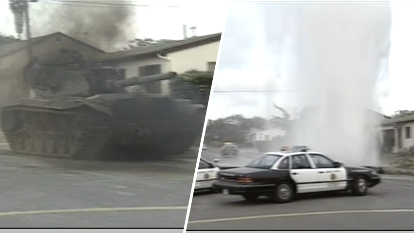 A military tank is shown on the streets of San Diego, May 17, 1995. (L). Police cruisers respond to a water main break after it was run over by the tank, May 17, 1995. (R).