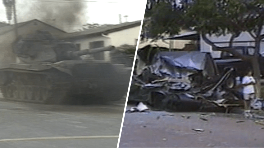 A military tank is shown on the streets of San Diego, May 17, 1995. (L). Police cruisers respond to a water main break after it was run over by the tank, May 17, 1995. (R).