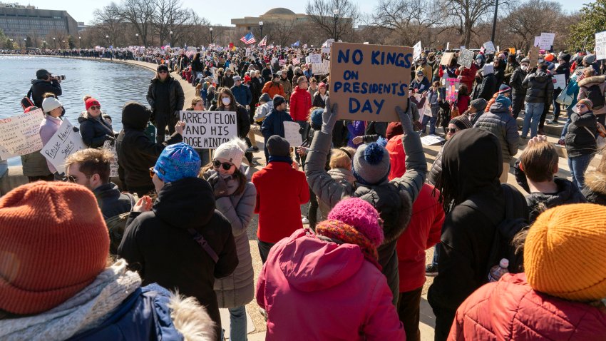 People take part in the "No Kings Day" protest.