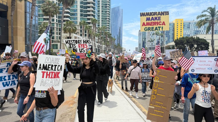 Protesters display their signs as the march downtown San Diego as part of ‘No Kings’ day protests across the County and nation, June 14, 2025.