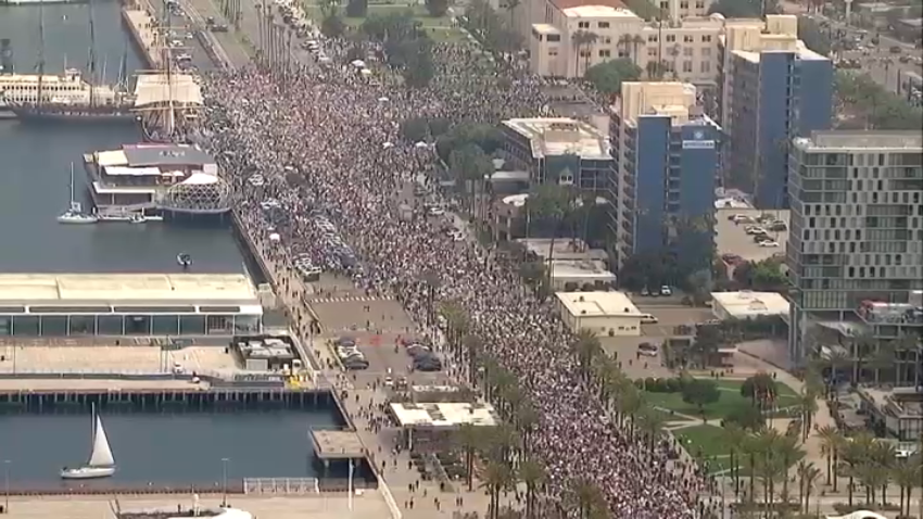 Protesters gather downtown along Harbor Drive in San Diego, June 14, 2025.