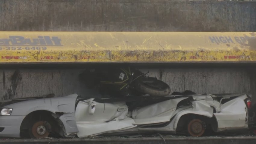 A seized Toyota seen being crushed in a video release this week by law enforcement.
