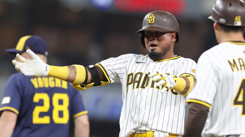 SAN DIEGO, CALIFORNIA – SEPTEMBER 22: Jose Iglesias #7 of the San Diego Padres reacts at first base after hitting an RBI single during the seventh inning of a game against the Milwaukee Brewers at Petco Park on September 22, 2025 in San Diego, California. (Photo by Sean M. Haffey/Getty Images)