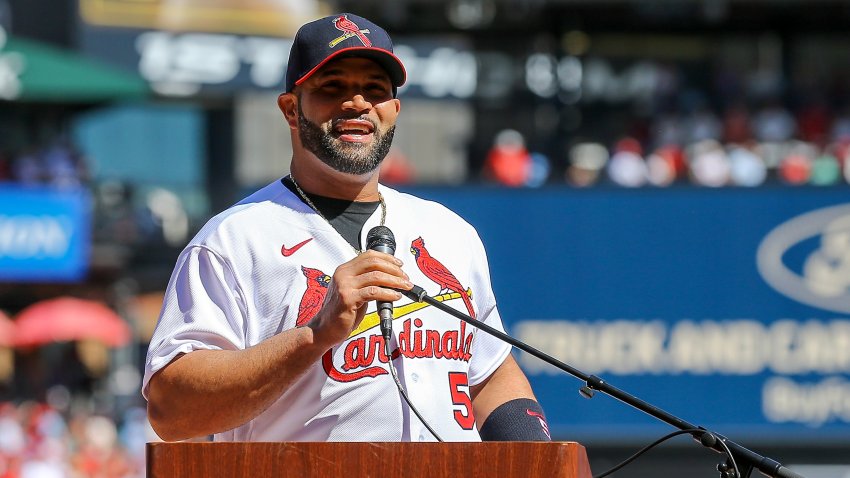 ST. LOUIS, MO – OCTOBER 02: Albert Pujols #5 of the St. Louis Cardinals address fans during a ceremony honoring both Pujols and Yadier Molina prior to baseball game against the Pittsburgh Pirates  at Busch Stadium on October 2, 2022 in St. Louis, Missouri. (Photo by Scott Kane/Getty Images)
