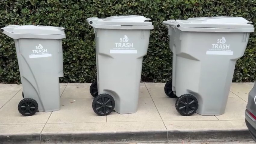 New trash bins are shown as the rollout begins in San Diego, Oct. 13, 2025.