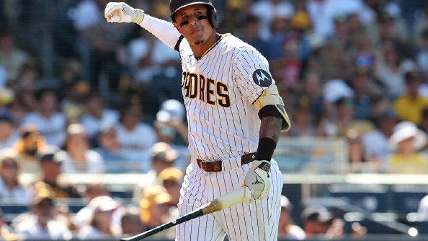 Manny Machado of the San Diego Padres throws his gum after striking out during the sixth inning of a game against the Detroit Tigers on Opening Day at Petco Park on March 26, 2026, in San Diego