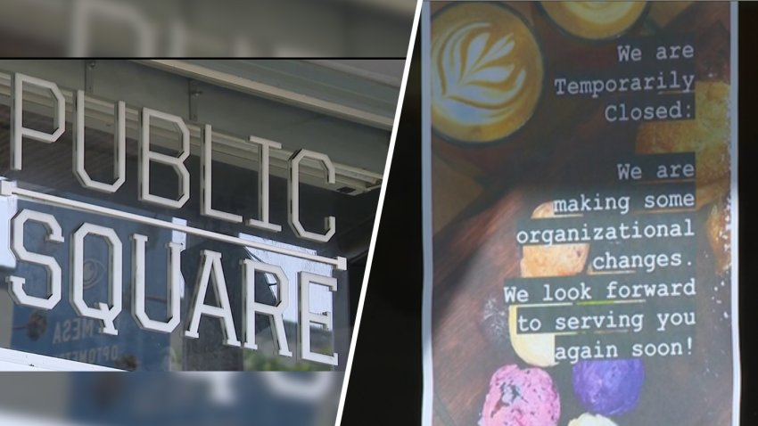Public Square Coffee House in La Mesa is being accused of wage theft after several workers walked out of a shift after not getting a month's worth of pay. Signs show the shop is temporarily closed on April 9, 2026. (NBC 7 San Diego)