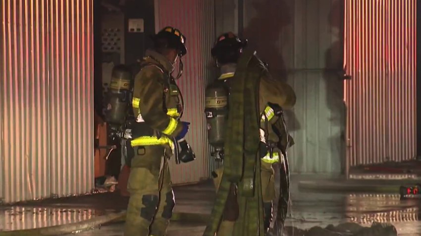 Firefighters respond to a fire at Montgomery-Gibbs Airport in Kearny Mesa on June 12, 2026.