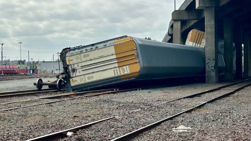 One of the frieght cars owned by BNSF Railway ripped from the tracks under the Harbor Dr Bridge, June 7, 2026.