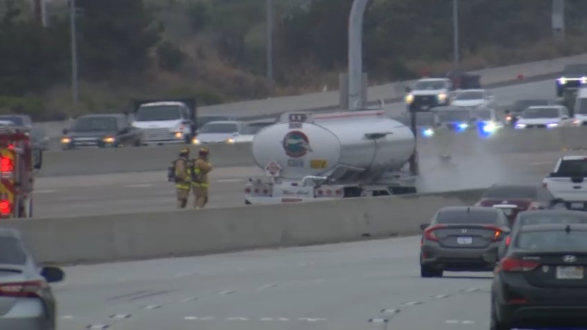 A tanker truck caught fire on northbound I-5 near Carmel Valley Friday, June 5, 2026.