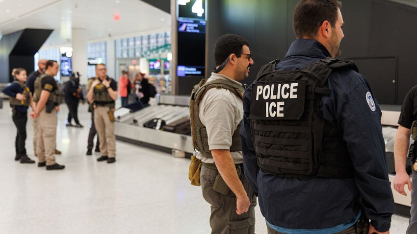 Immigration agents are seen inside Newark Liberty International Airport’s Terminal A in Newark, New Jersey, on March 23, 2026. President Donald Trump states that Immigration and Customs Enforcement (ICE) will be deployed to airports nationwide beginning Monday. The agents are expected to assist TSA officers with security. (Photo by Matthew Hoen/NurPhoto via Getty Images)
