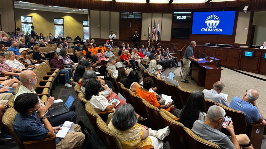 Chula Vista residents showed up to a council meeting to voice their thoughts on a proposed pay raise for Chula Vista City Councilmembers on July 21, 2026. (NBC 7 San Diego)