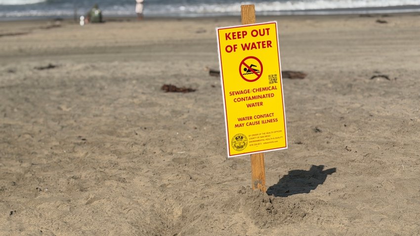 Contamination signs warning of unsafe ocean water returned to Imperial Beach, Sunday morning, Imperial Beach, Calif., August 9, 2026.