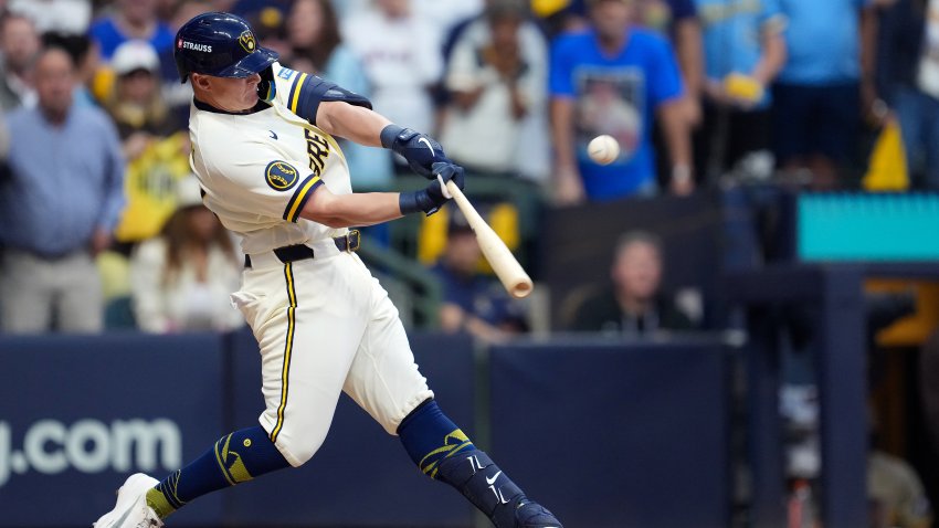 MILWAUKEE, WISCONSIN – OCTOBER 04:  Andrew Vaughn #28 of the Milwaukee Brewers flies out against the San Diego Padres during the ninth inning in game two of the National League Division Series at American Family Field on October 04, 2026 in Milwaukee, Wisconsin.  (Photo by Patrick McDermott/Getty Images)
