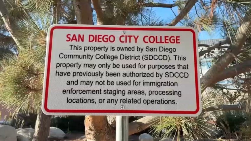 The San Diego Community College District began installing signs prohibiting immigration enforcement on its property on Oct. 1, 2026. (NBC 7 San Diego)